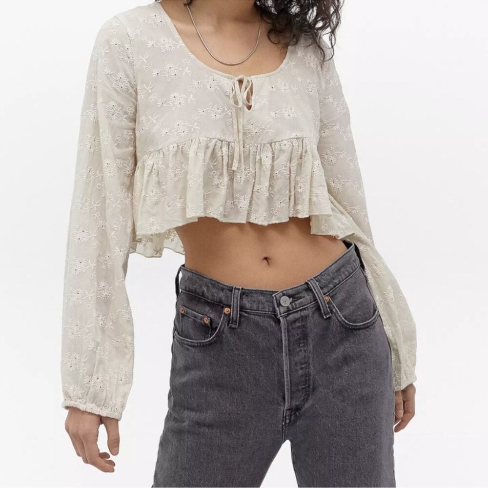 Urban Outfitters Floral Embroidered Crop Top Boho Ruffle Long Sleeve XS